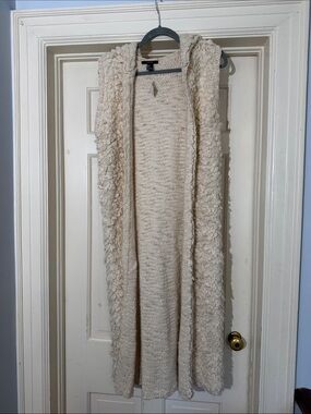 Forever 21 Cream Textured Long Knit Vest - Sleeveless Open Front